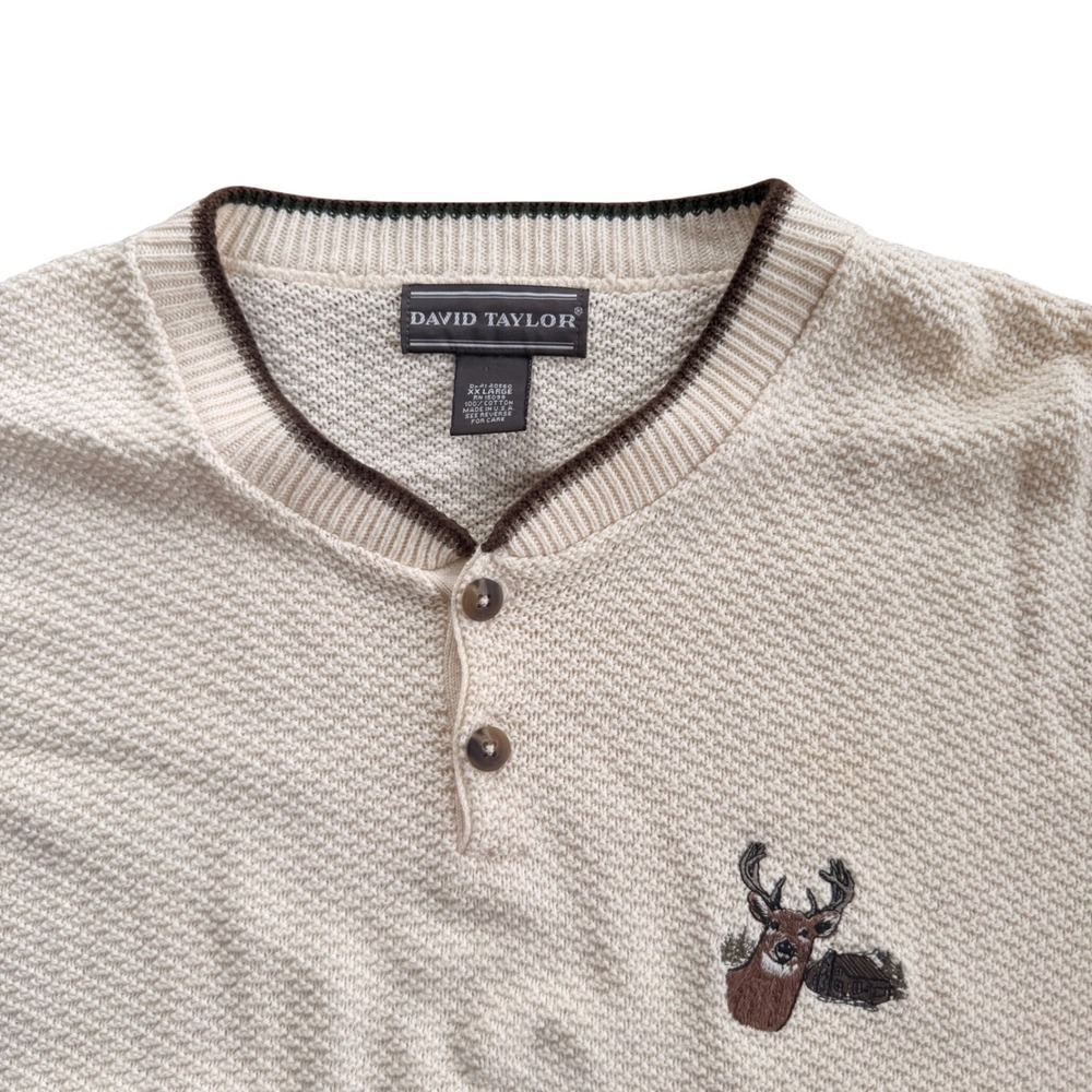 David Taylor Mens XXL Cream Cotton Knit Henley Sweater Deer Cabin Embroidered - Picture 2 of 6